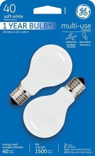 GE multi-use soft white 40 watt intermediate light bulb packaging